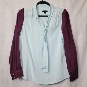 J Crew Contrast Tie Neck 100% Silk Blouse Blue Maroon Preppy Officecore Retro XS
